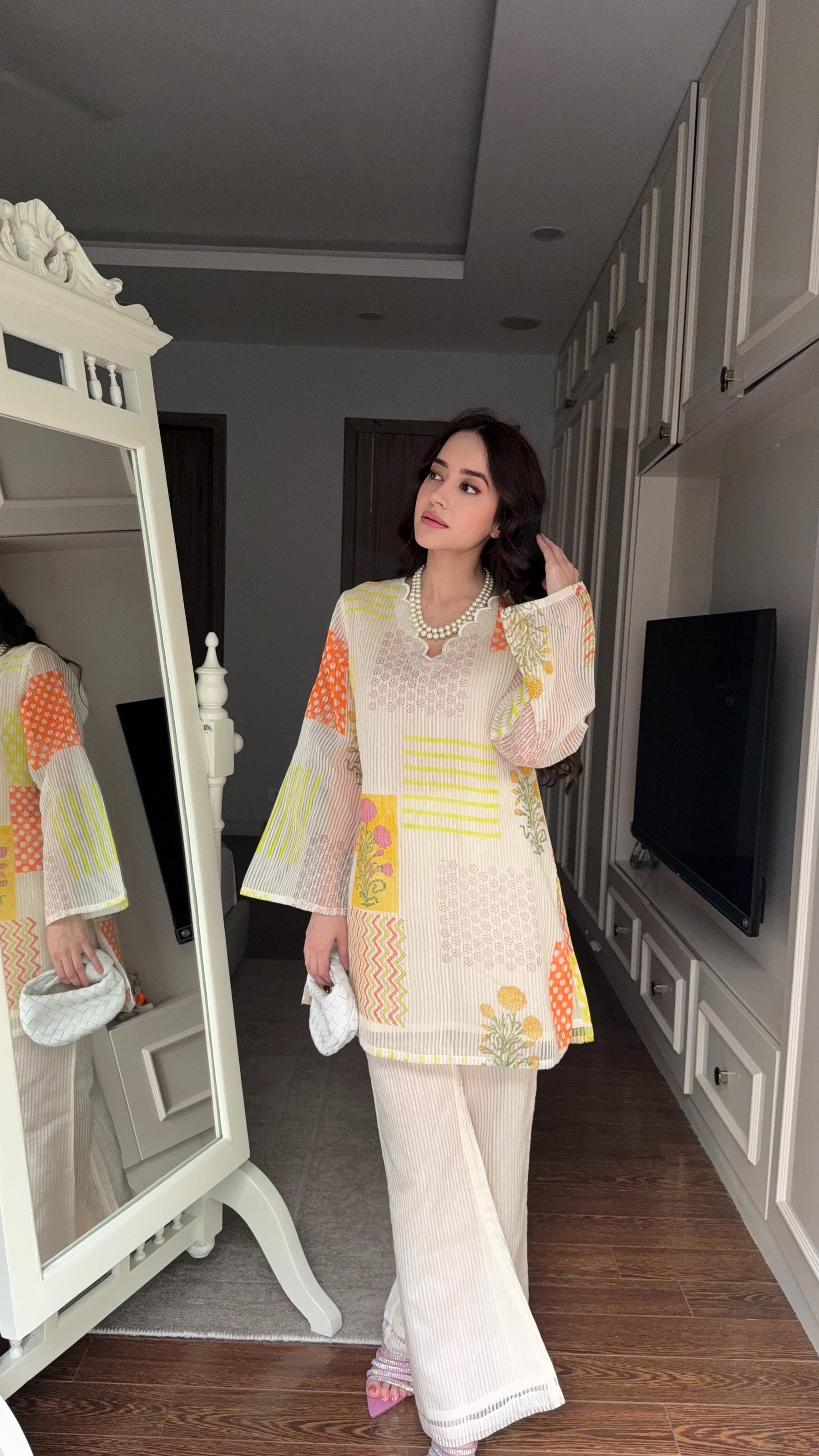 Creamy Pastel Block Print Chanderi Coord Set