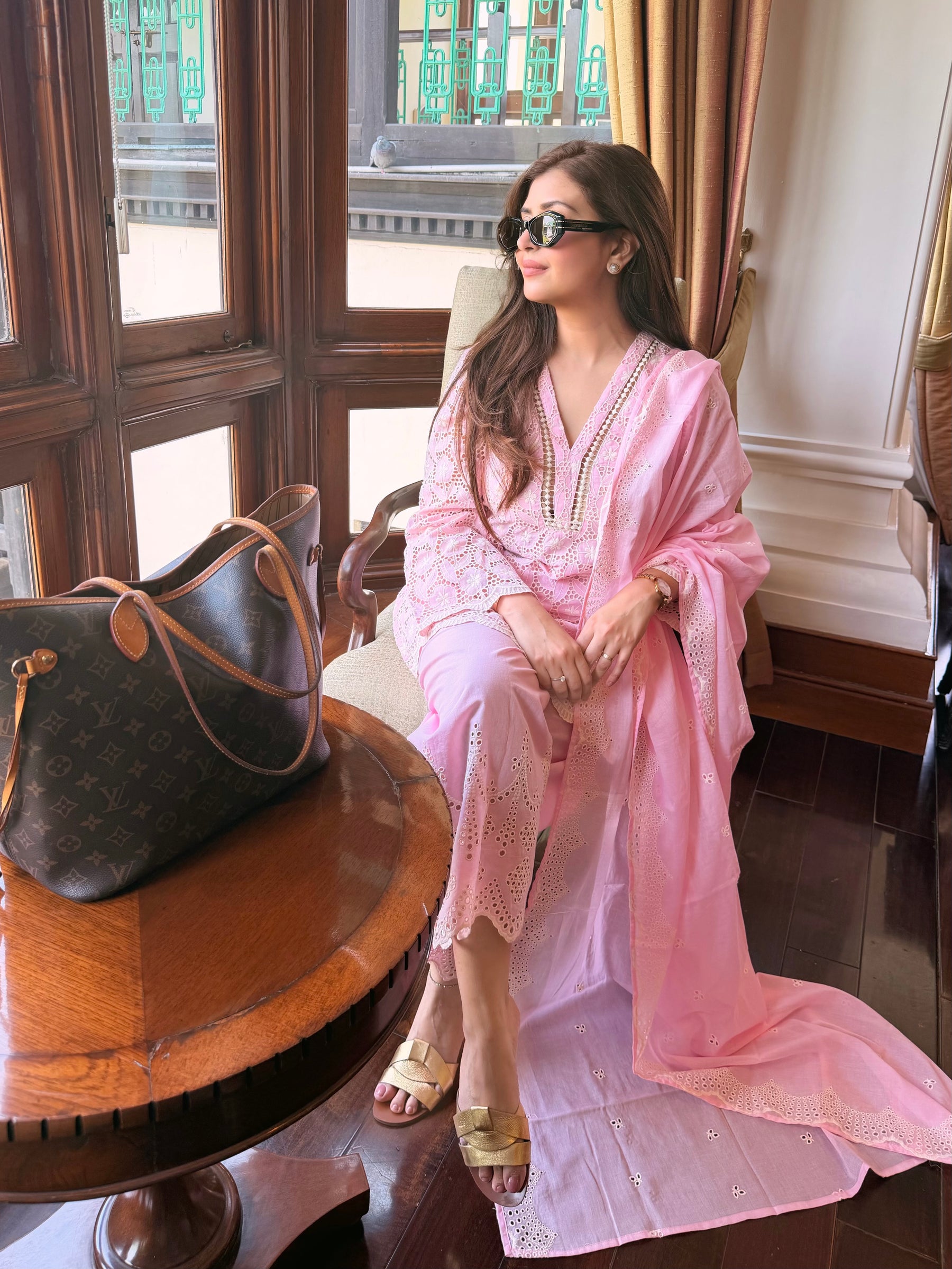 Classic Pink Cutwork Embroidery Suit Set