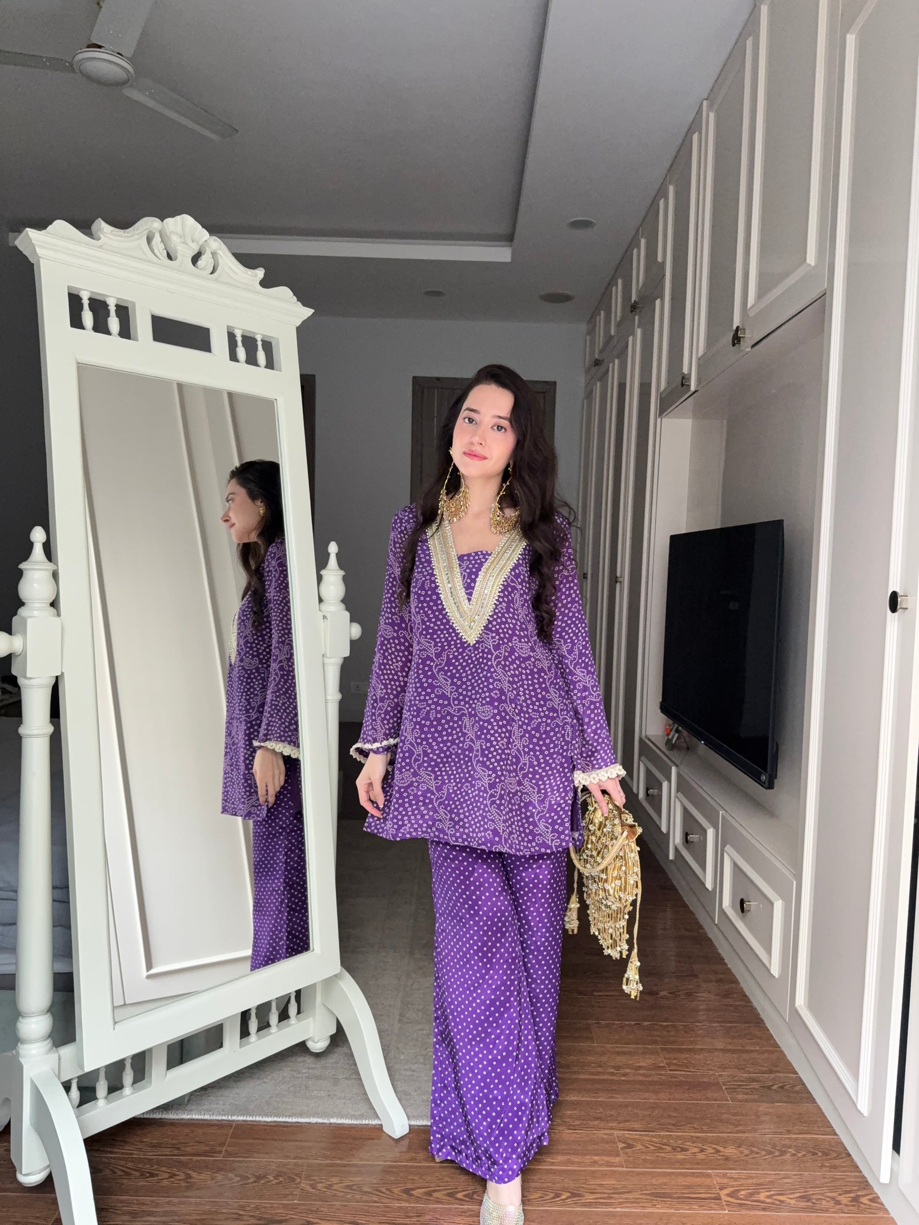 Purple Bandhej Print Coord Set