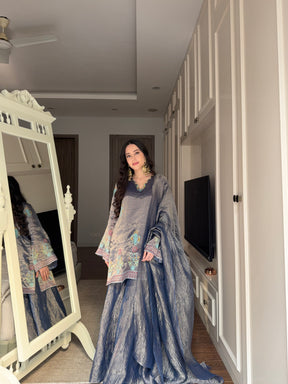 Midnight Blue Tissue Block Print Sharara Set