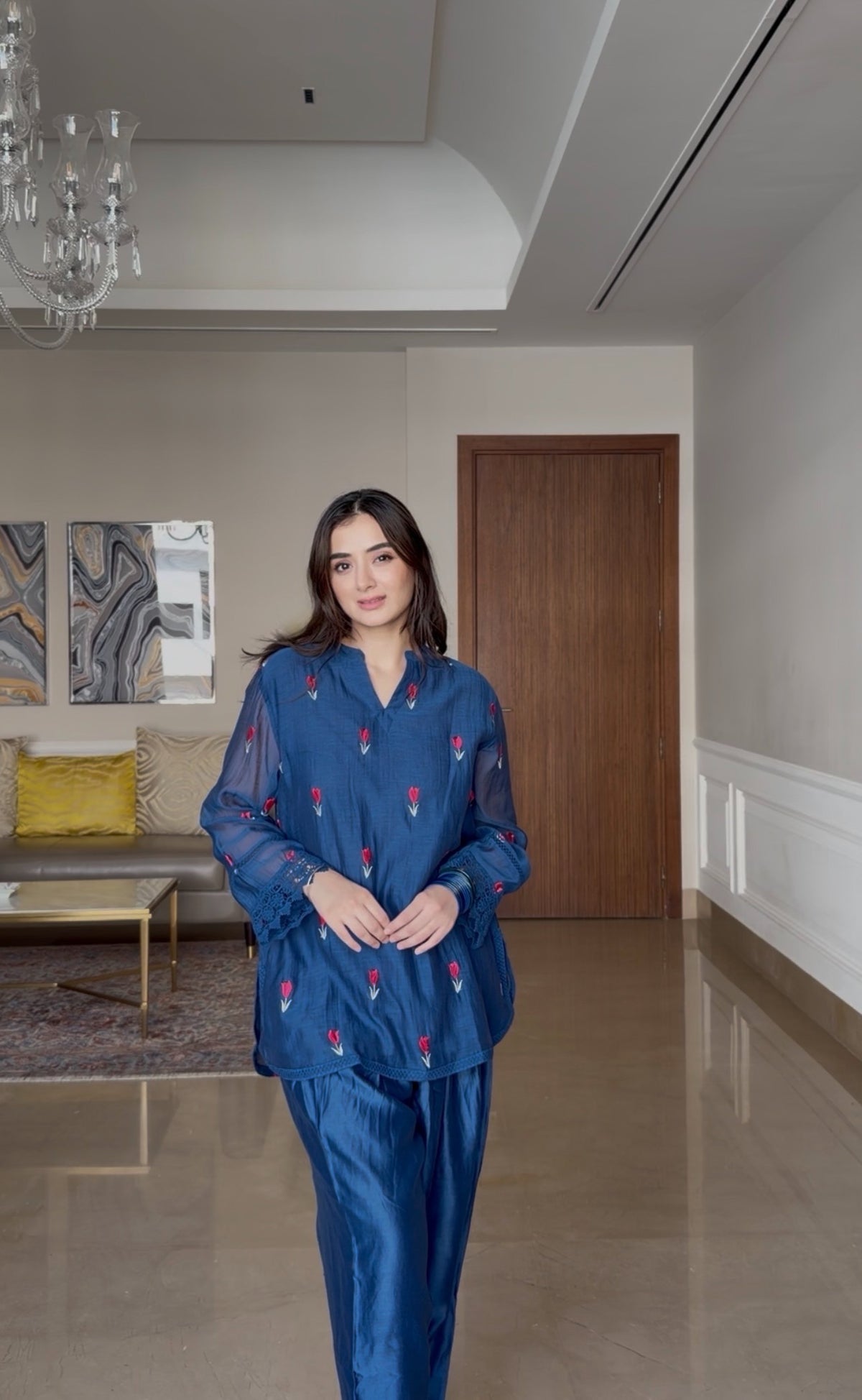 Blue Chanderi Embroidered Kurta Set