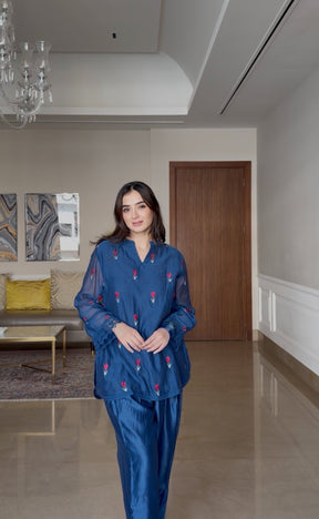 Blue Chanderi Embroidered Kurta Set