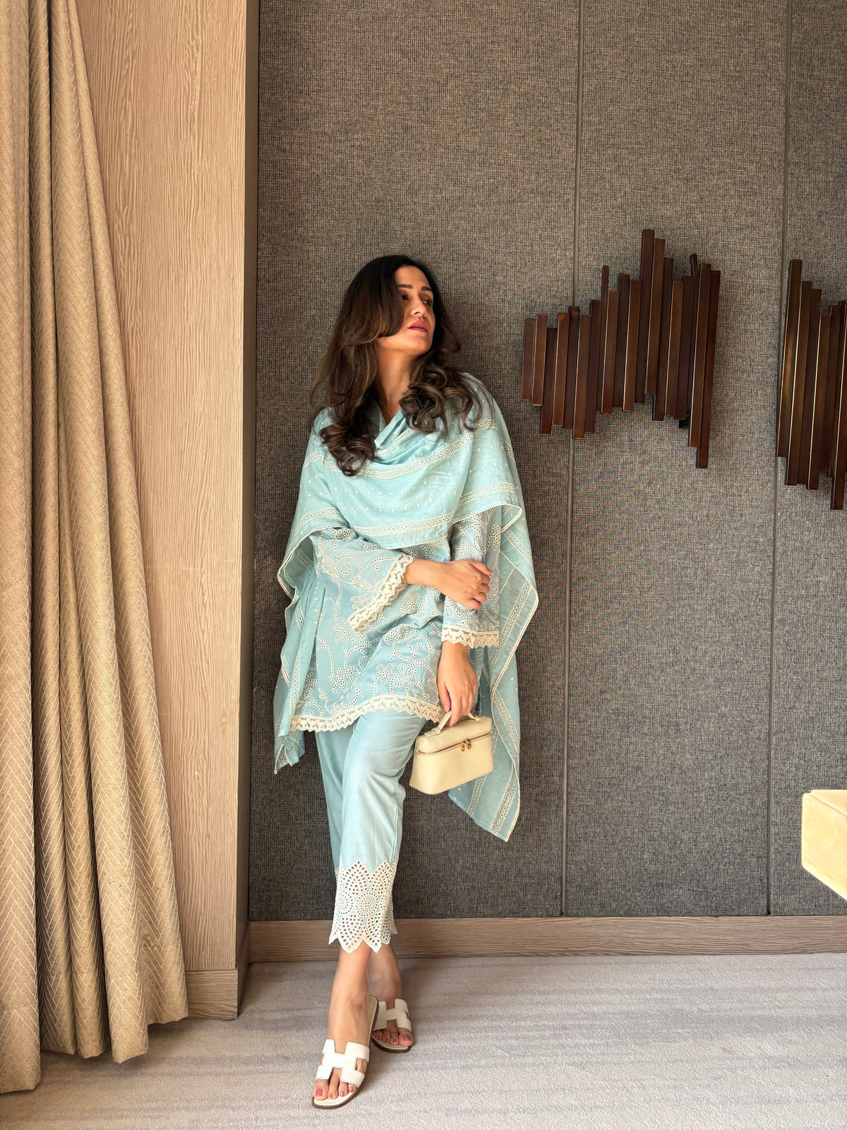 Sky Blue Embroidered Cotton Suit Set