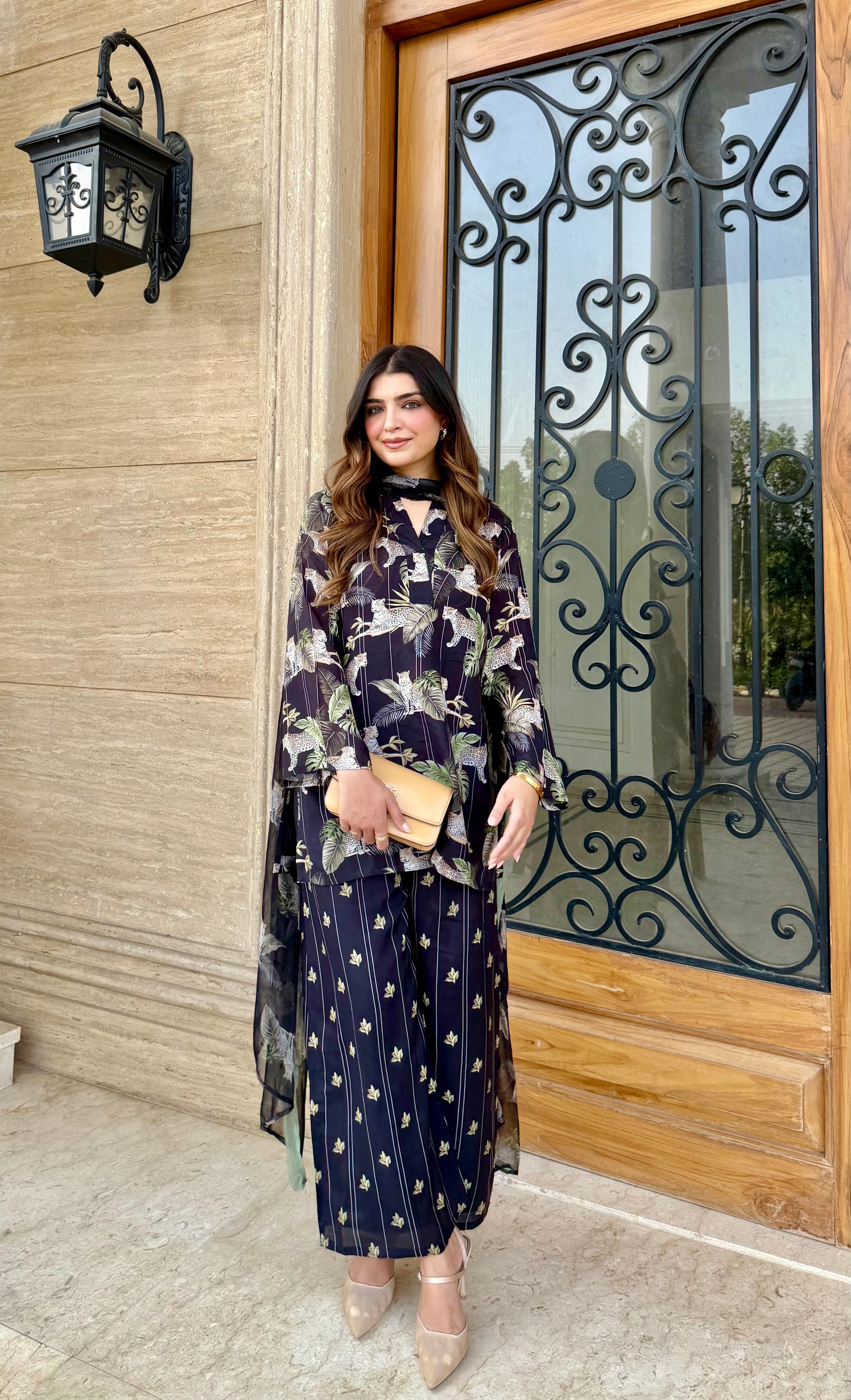Black Printed Three Piece Suit Set