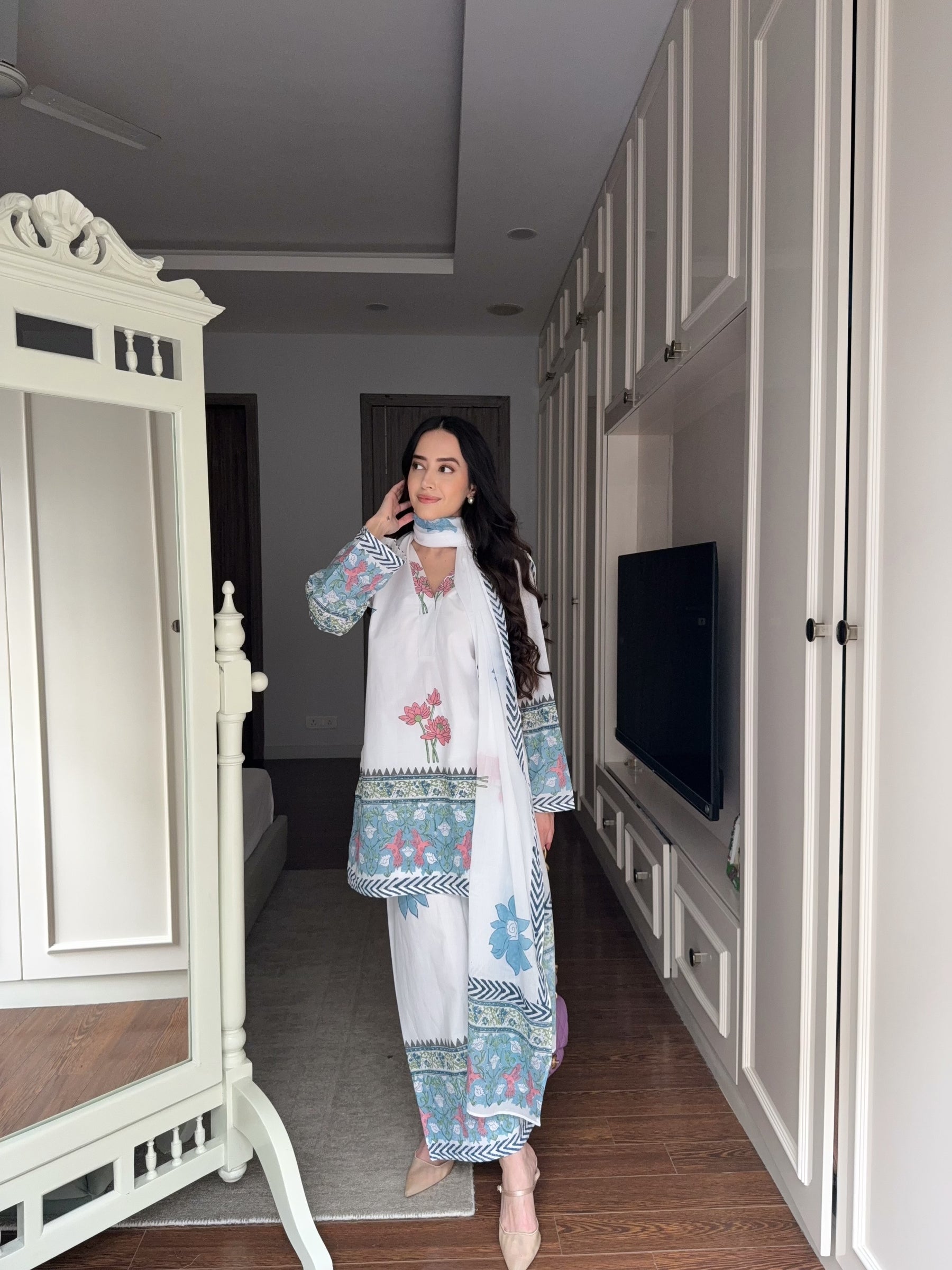 Blue Floral Cotton Suit Set