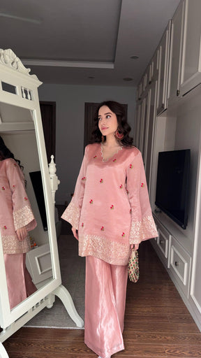 Rose Pink Floral Tissue Embroidered Coord Set