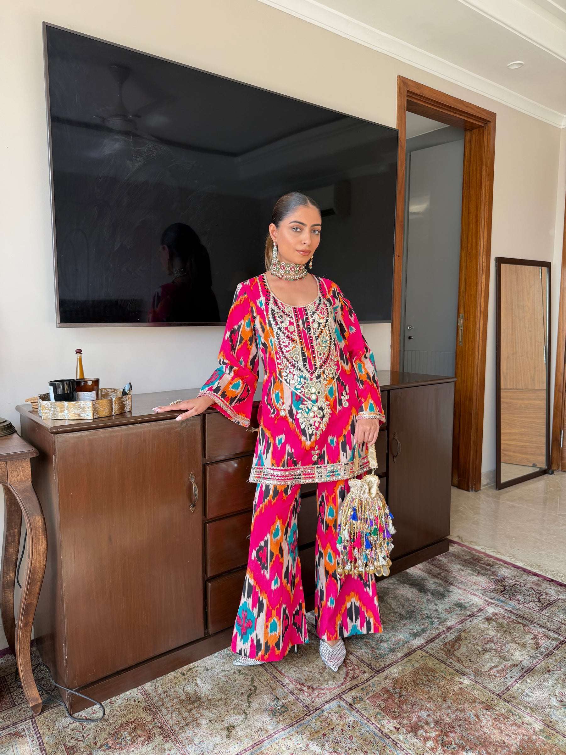Pink Block Mirrorwork Coord Set