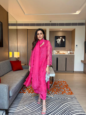 Hot Pink Organza Embroidered Suit Set