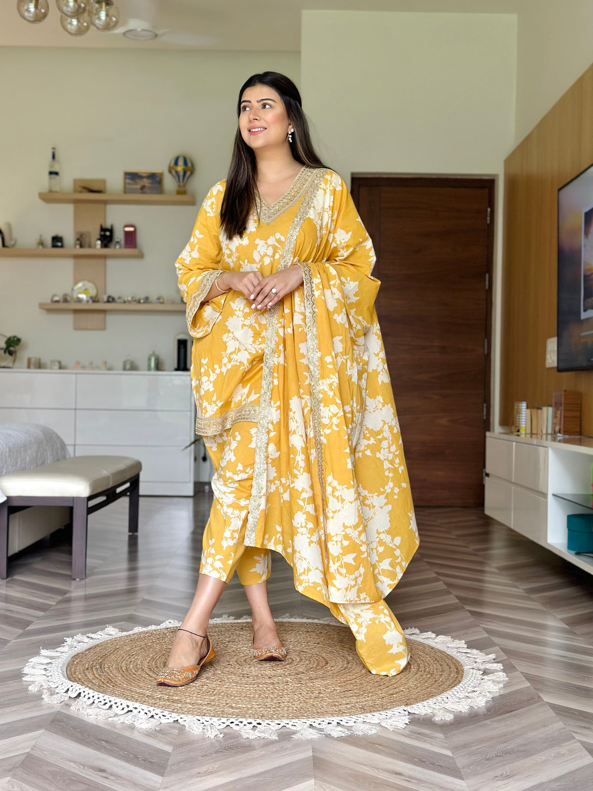 Mustard Floral Printed Dupatta Suit Set