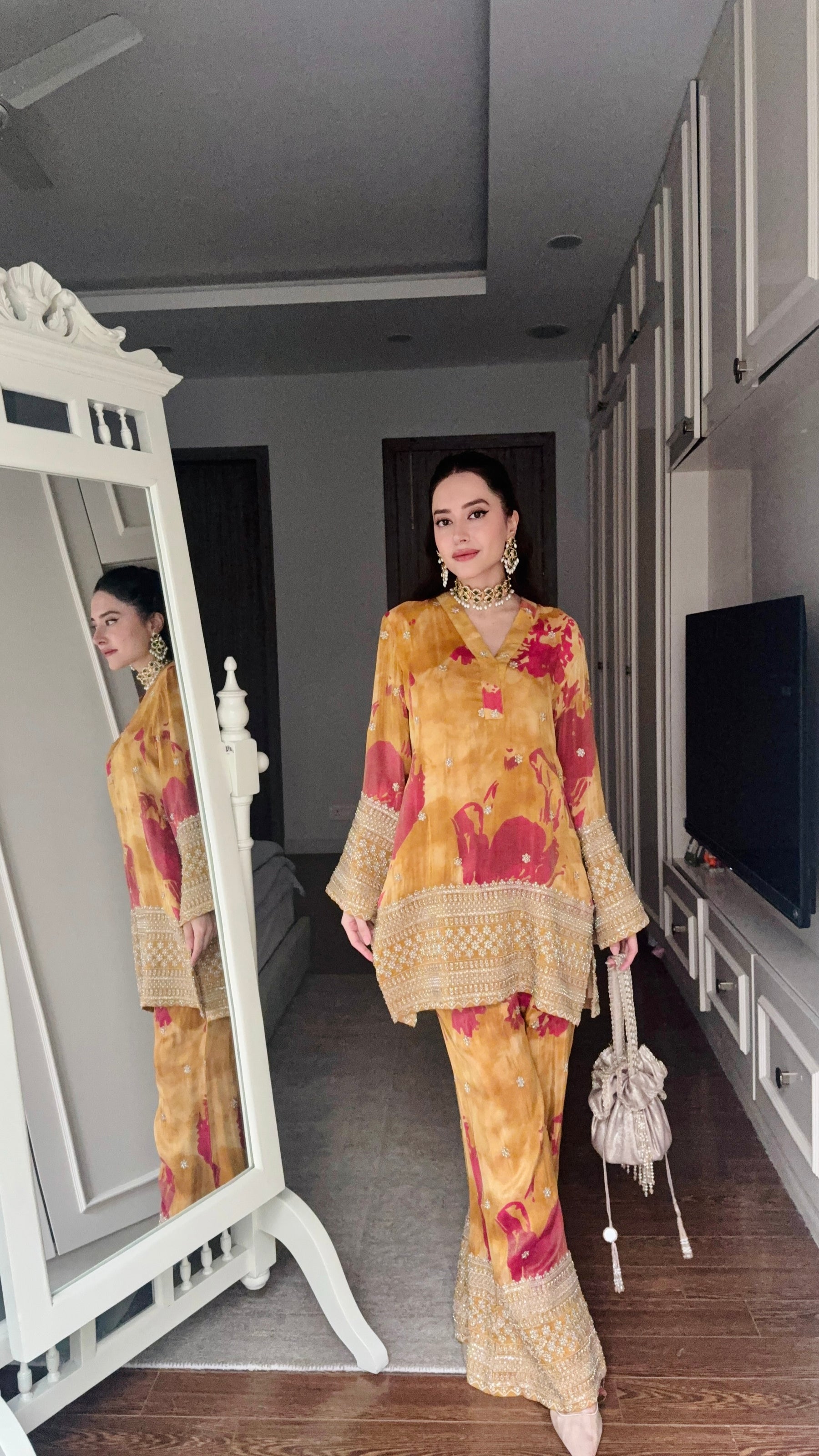 Mustard Zari Beadwork Coord Set