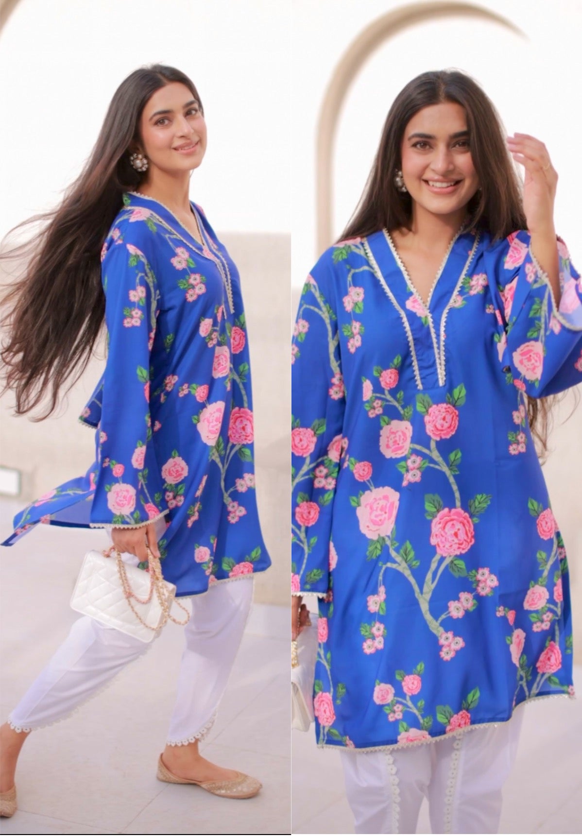 Blue Floral Kurta and Tulip Pants Set