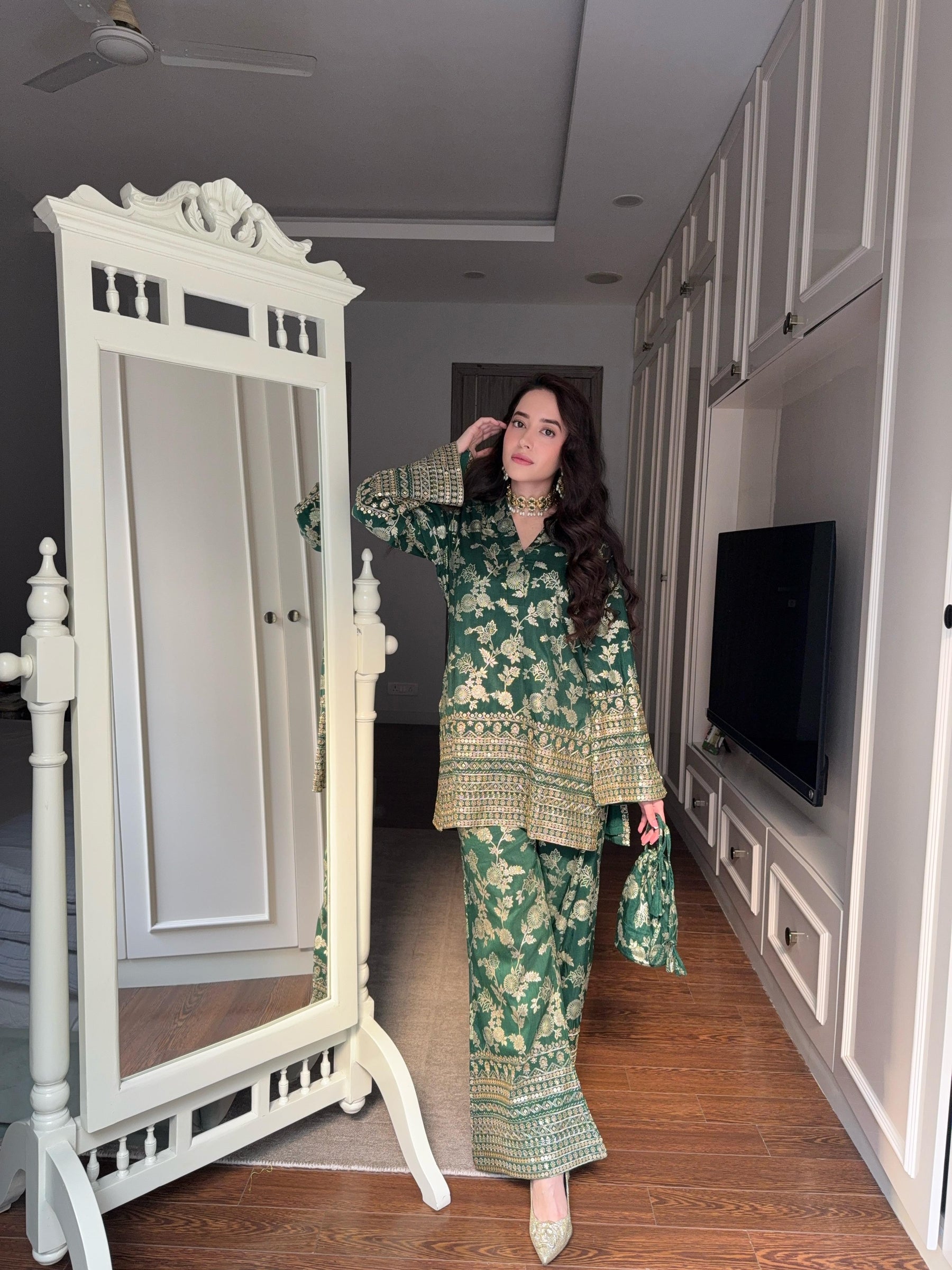 Bottle Green Banarasi Coord Set