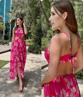 Pink Floral Beach Tie Up Back Dress