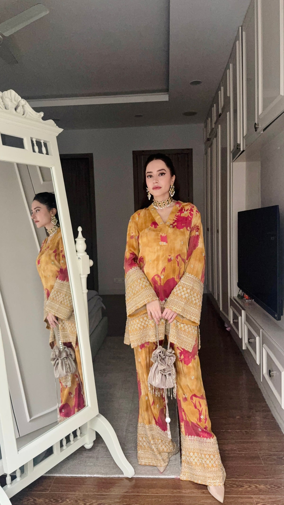 Mustard Zari Beadwork Coord Set