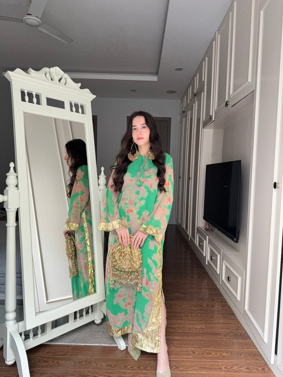 Green Floral Print Gota Kaftan Dress