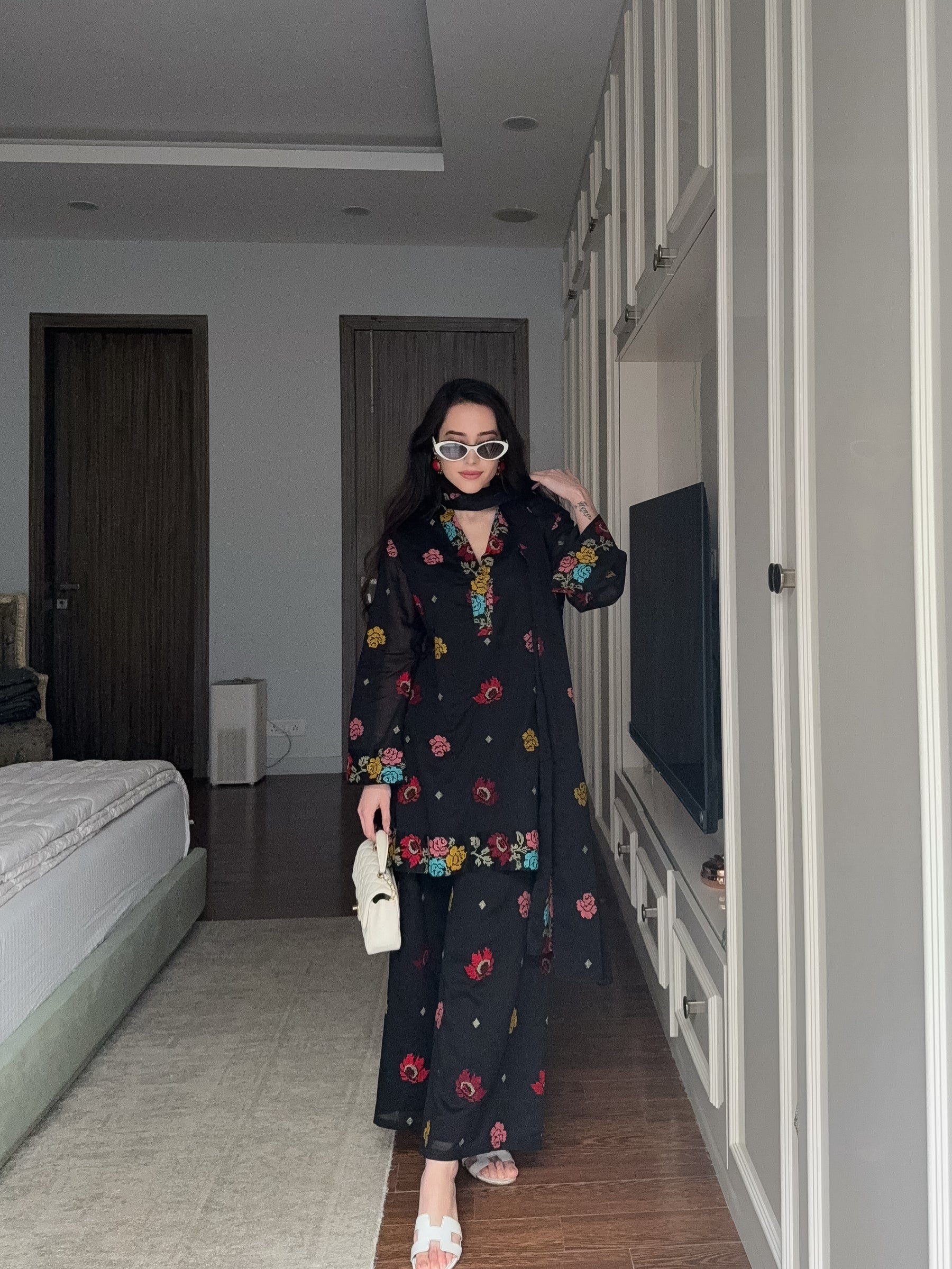 Black Embroidered Cotton Suit Set