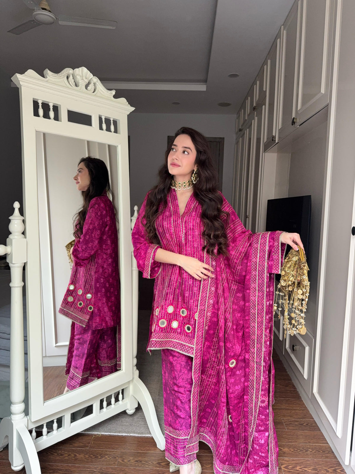 Pink Pop Mirrorwork Suit Set