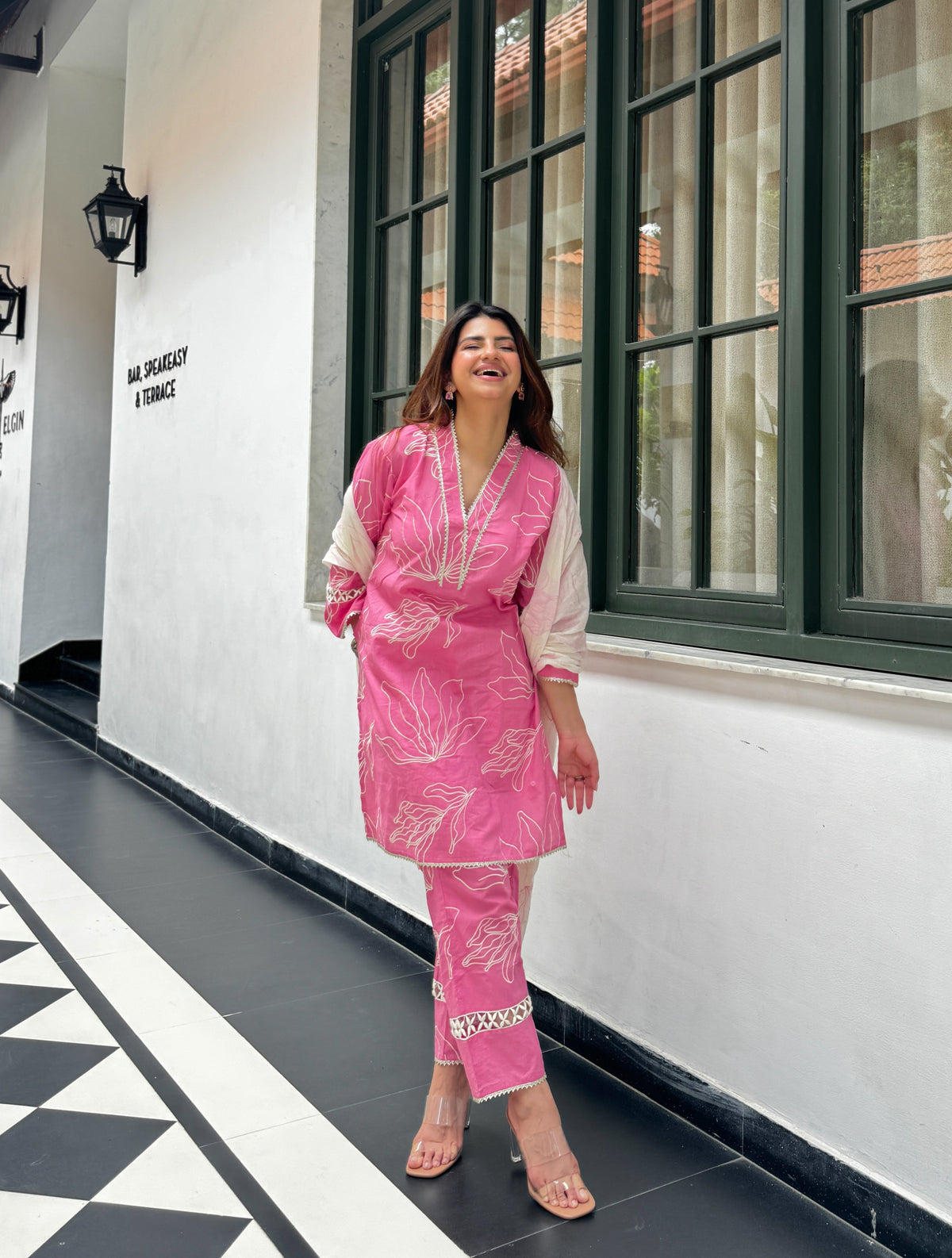 Pink Floral Embroidered Suit Set