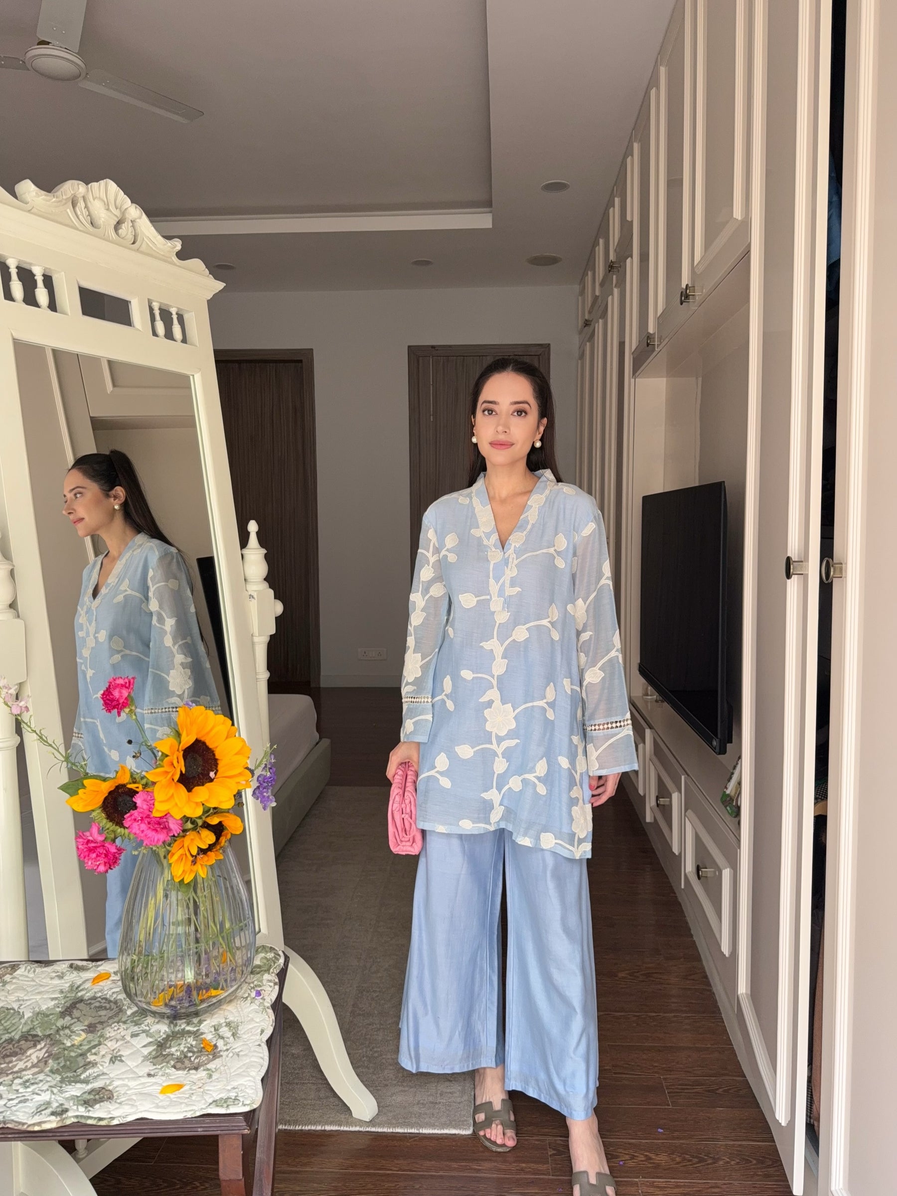 Ocean Blue Cutwork Embroidery Floral Coord Set
