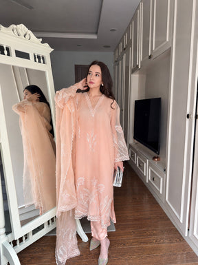 Pure Peach Embroidered Organza Suit Set