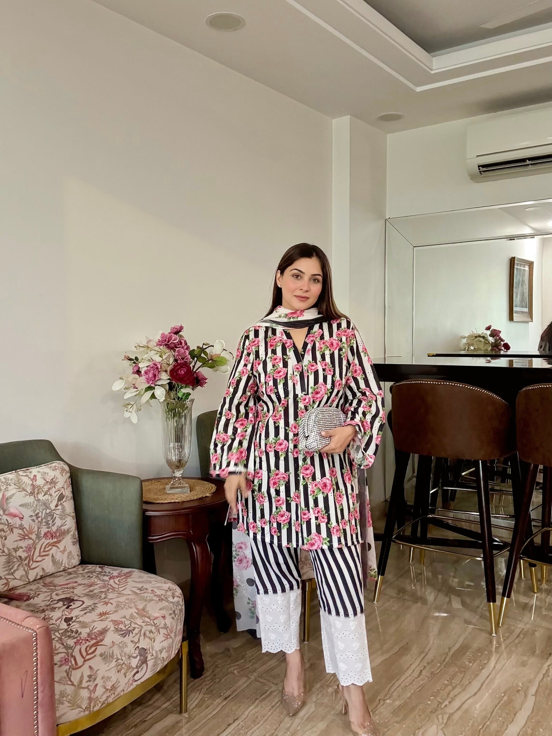 Pink Floral Stripe Suit Set