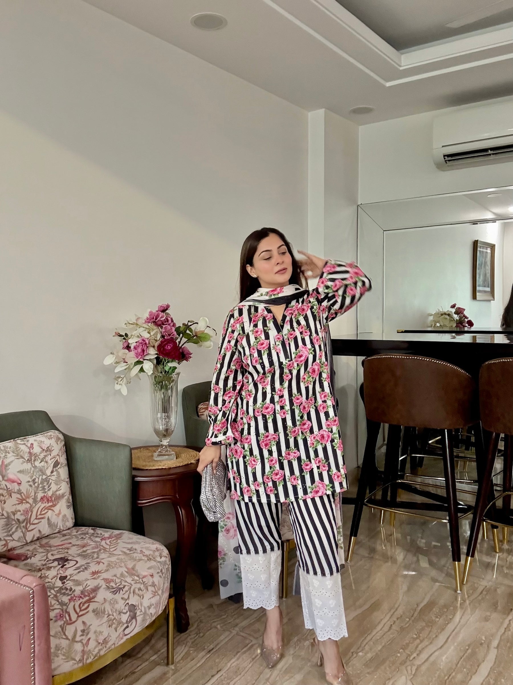 Pink Floral Stripe Suit Set