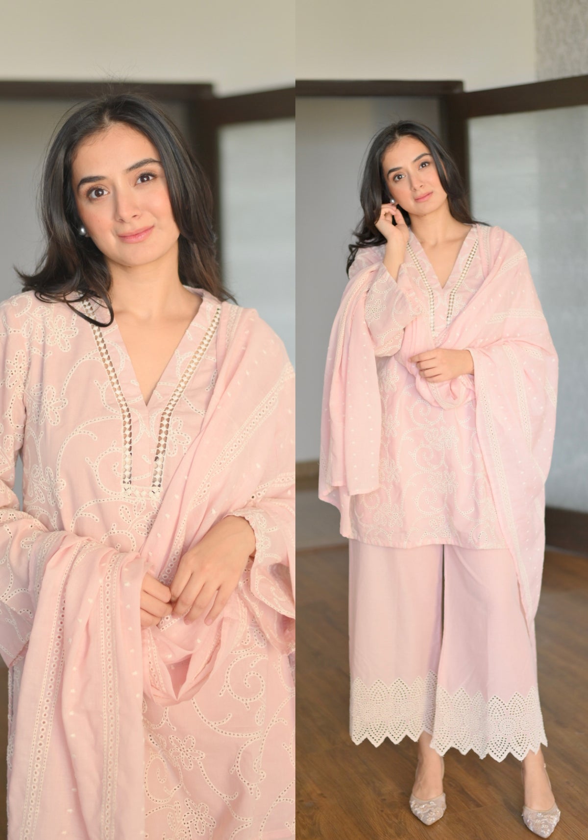 Peach Embroidered Cotton Suit Set