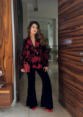 Black Embroidered Velvet Blazer Set
