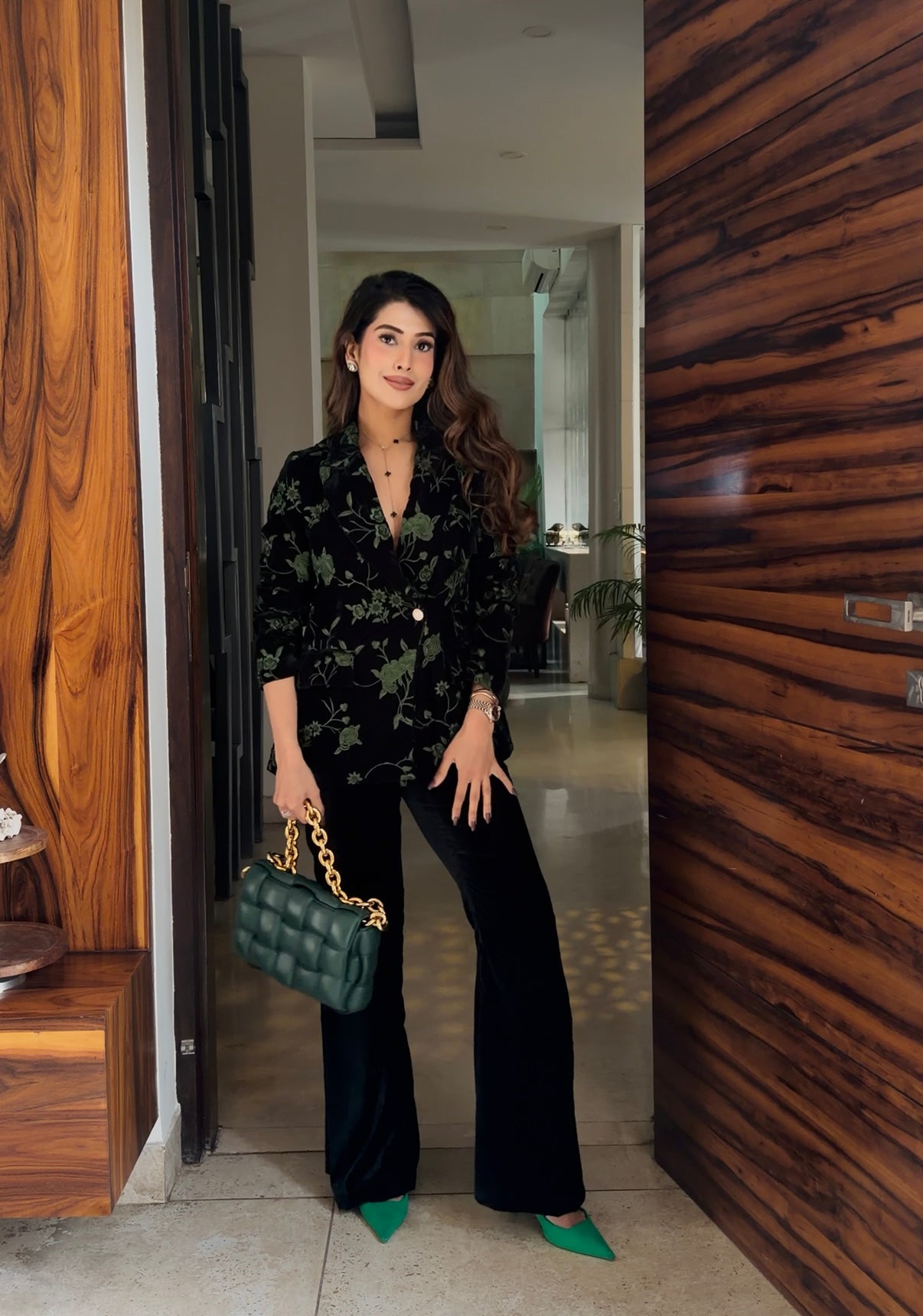 Bottle Green Embroidered Velvet Blazer Set