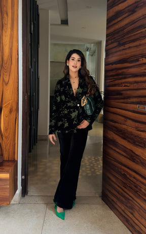 Bottle Green Embroidered Velvet Blazer Set