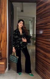 Bottle Green Embroidered Velvet Blazer Set