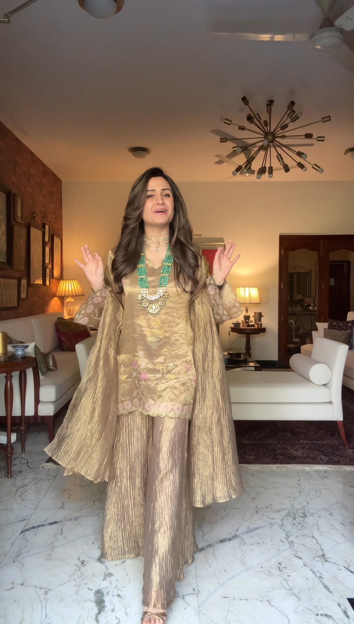 Gold Tissue Block Print Sharara Set