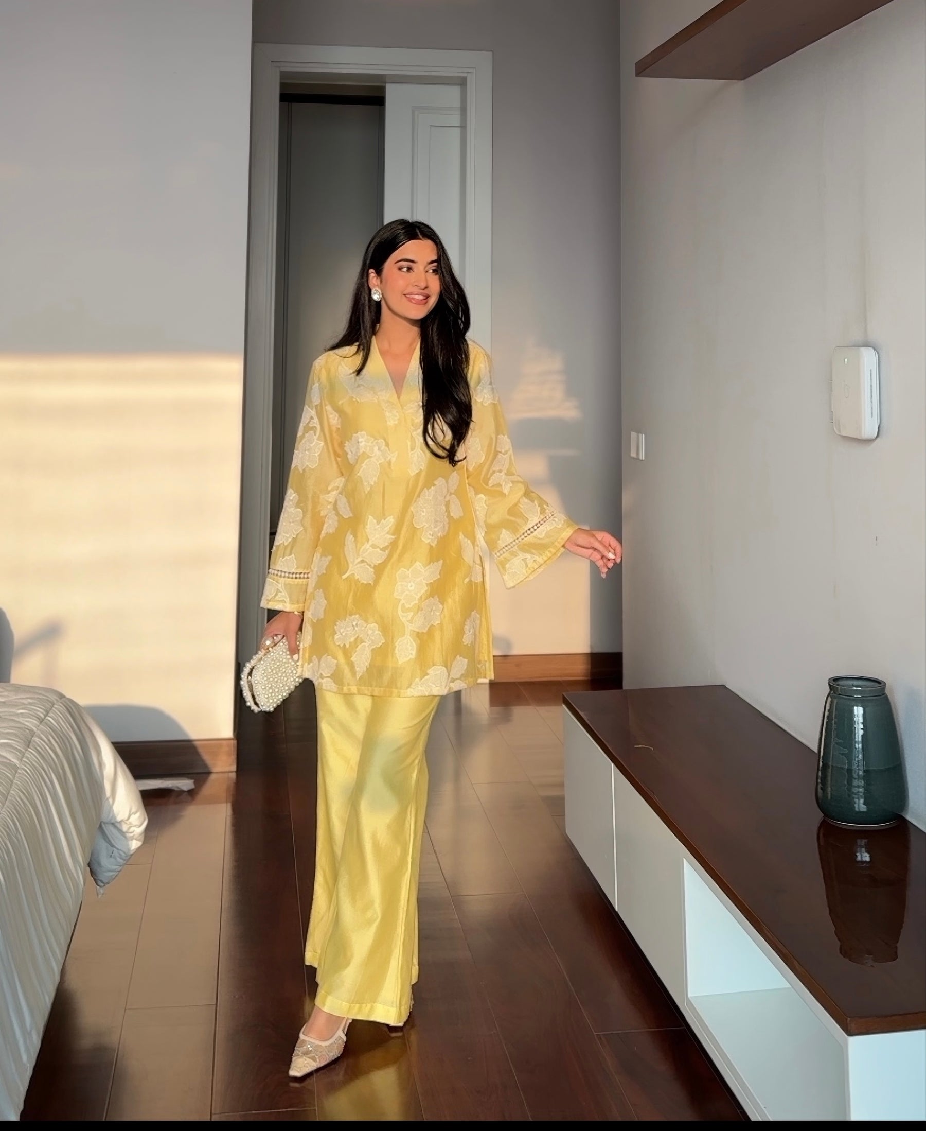 Yellow Cutwork Embroidery Floral Coord Set