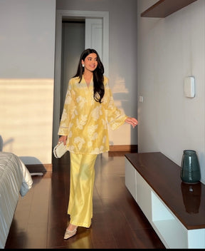 Yellow Cutwork Embroidery Floral Coord Set