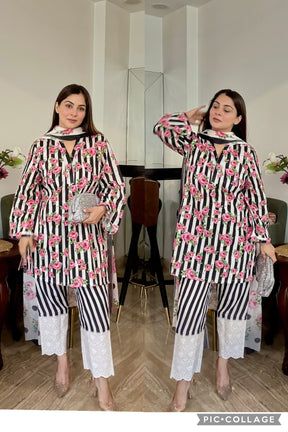 Pink Floral Stripe Suit Set