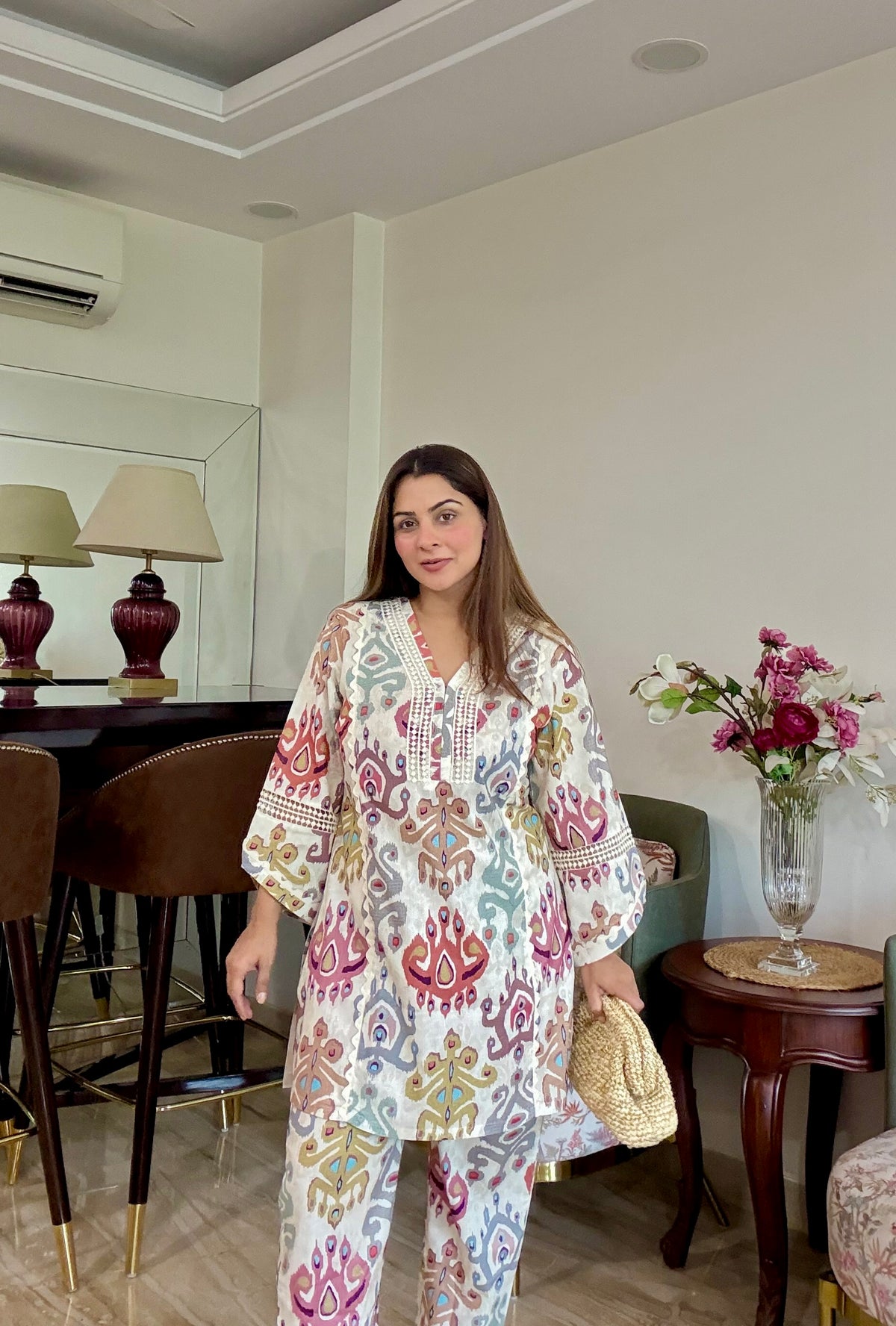 Beige Printed Kurta Pants Set