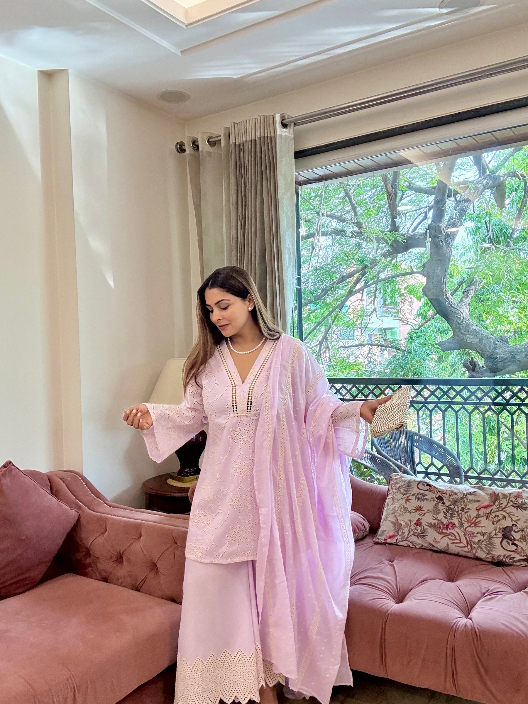 Lavender Embroidered Cotton Suit Set