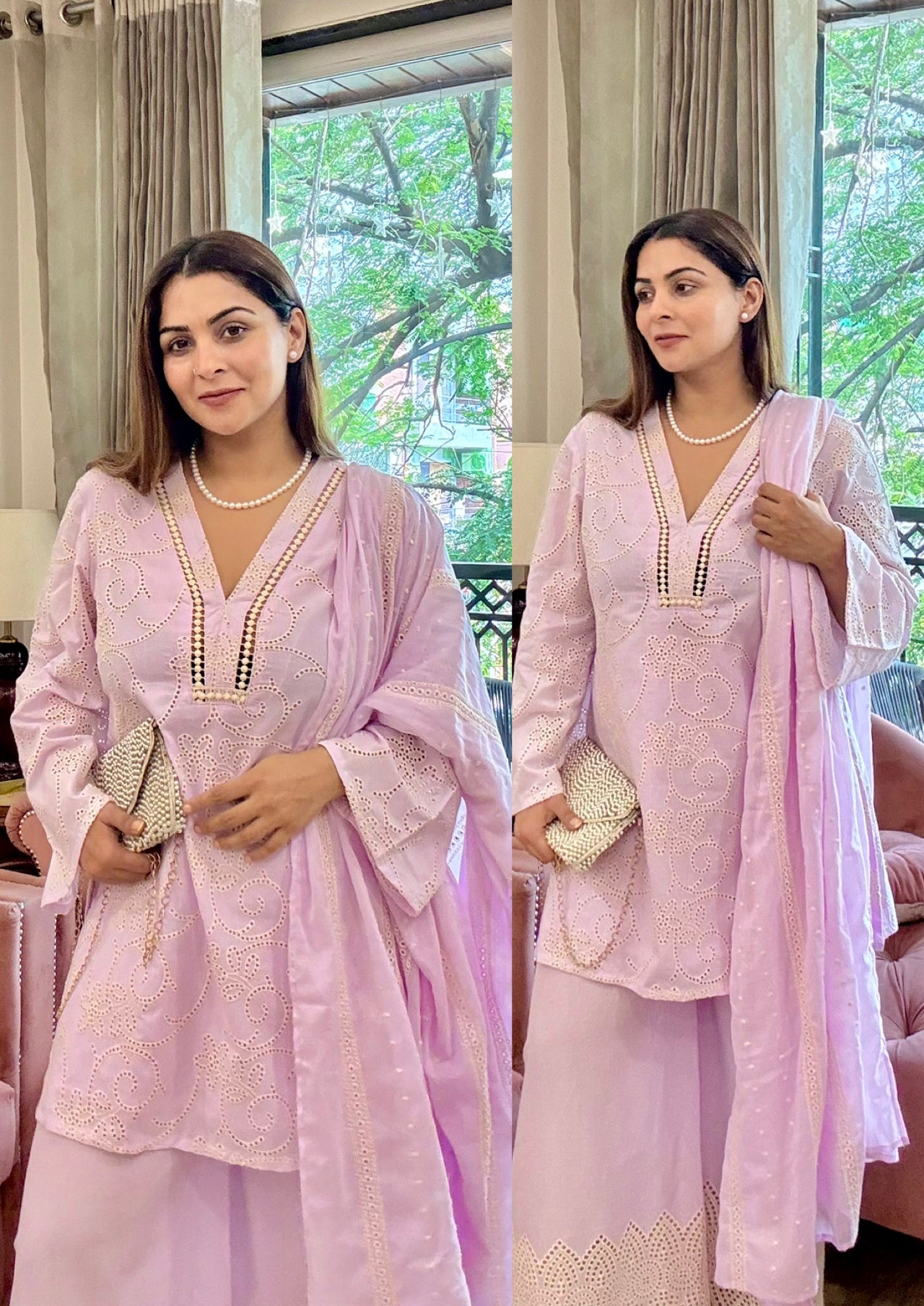 Lavender Embroidered Cotton Suit Set