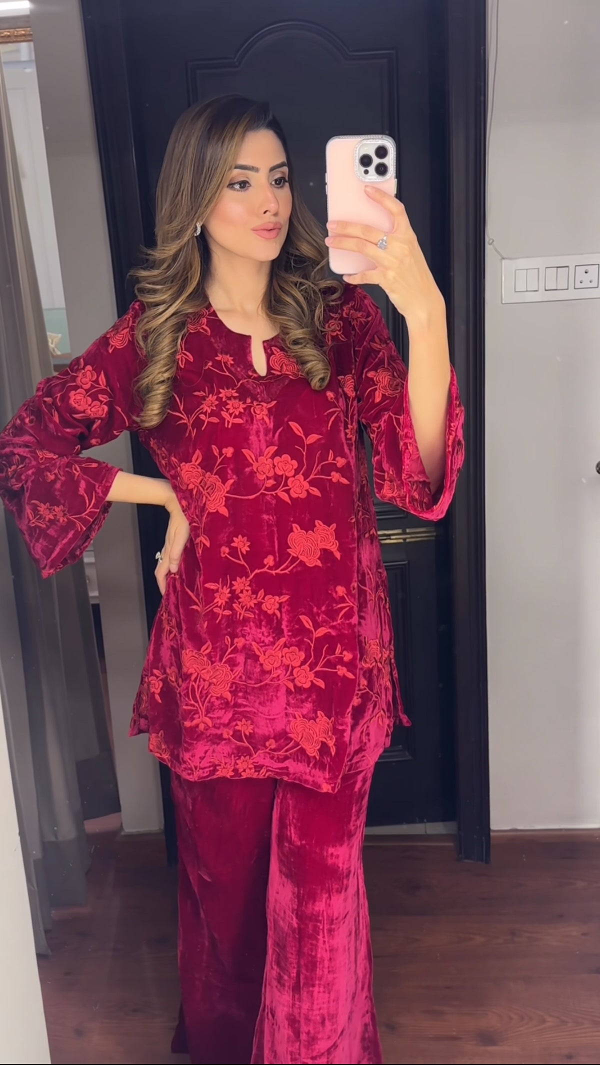 Maroon Embroidered Velvet Coord Set