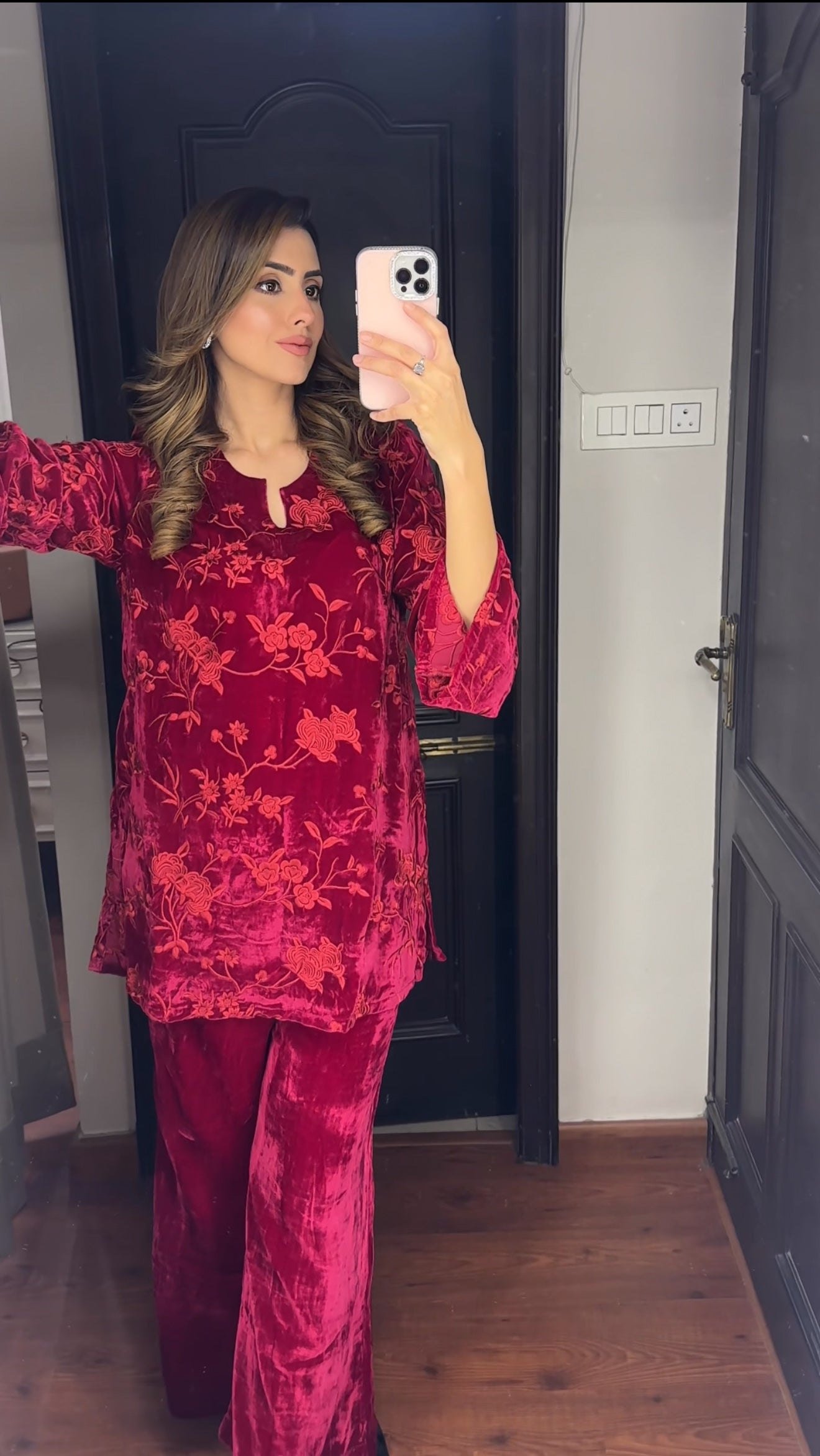 Maroon Embroidered Velvet Coord Set