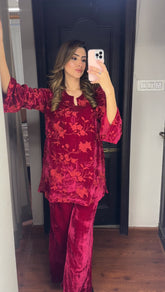 Maroon Embroidered Velvet Coord Set