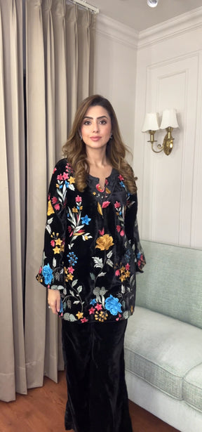 Black Floral Embroidered Velvet Coord Set