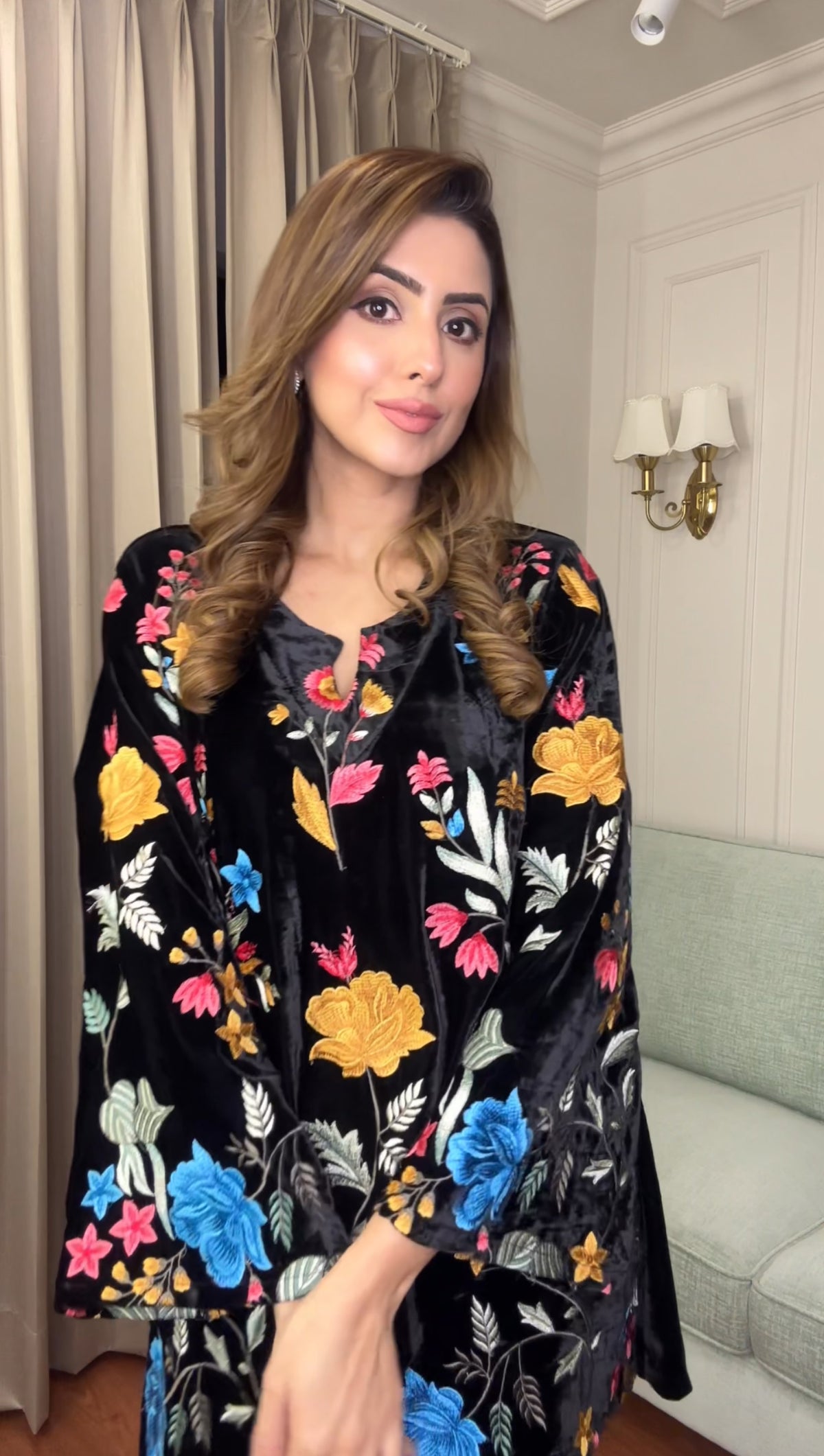 Black Floral Embroidered Velvet Coord Set