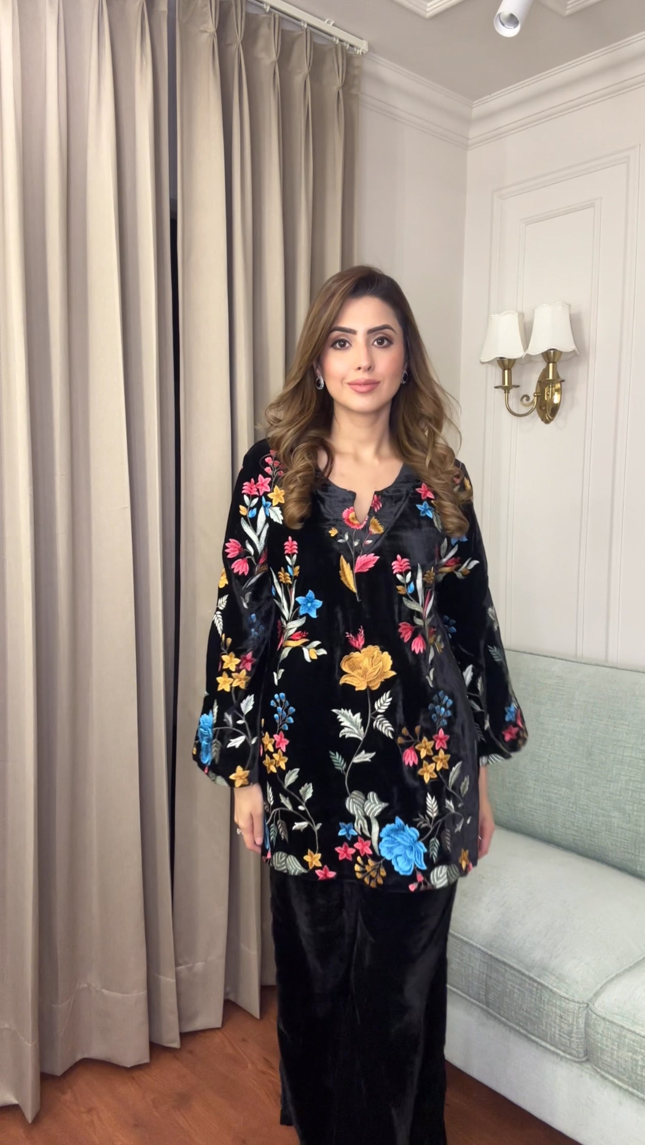 Black Floral Embroidered Velvet Coord Set