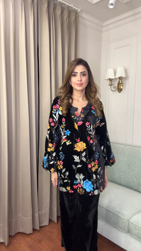 Black Floral Embroidered Velvet Coord Set