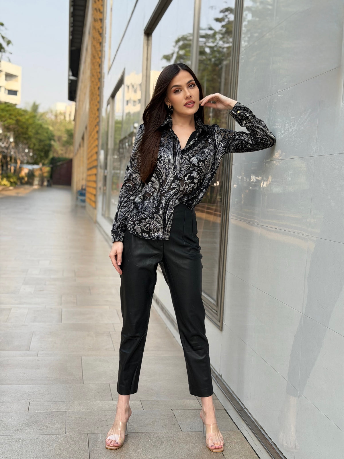 Black and White Paisley Print Velvet Shirt