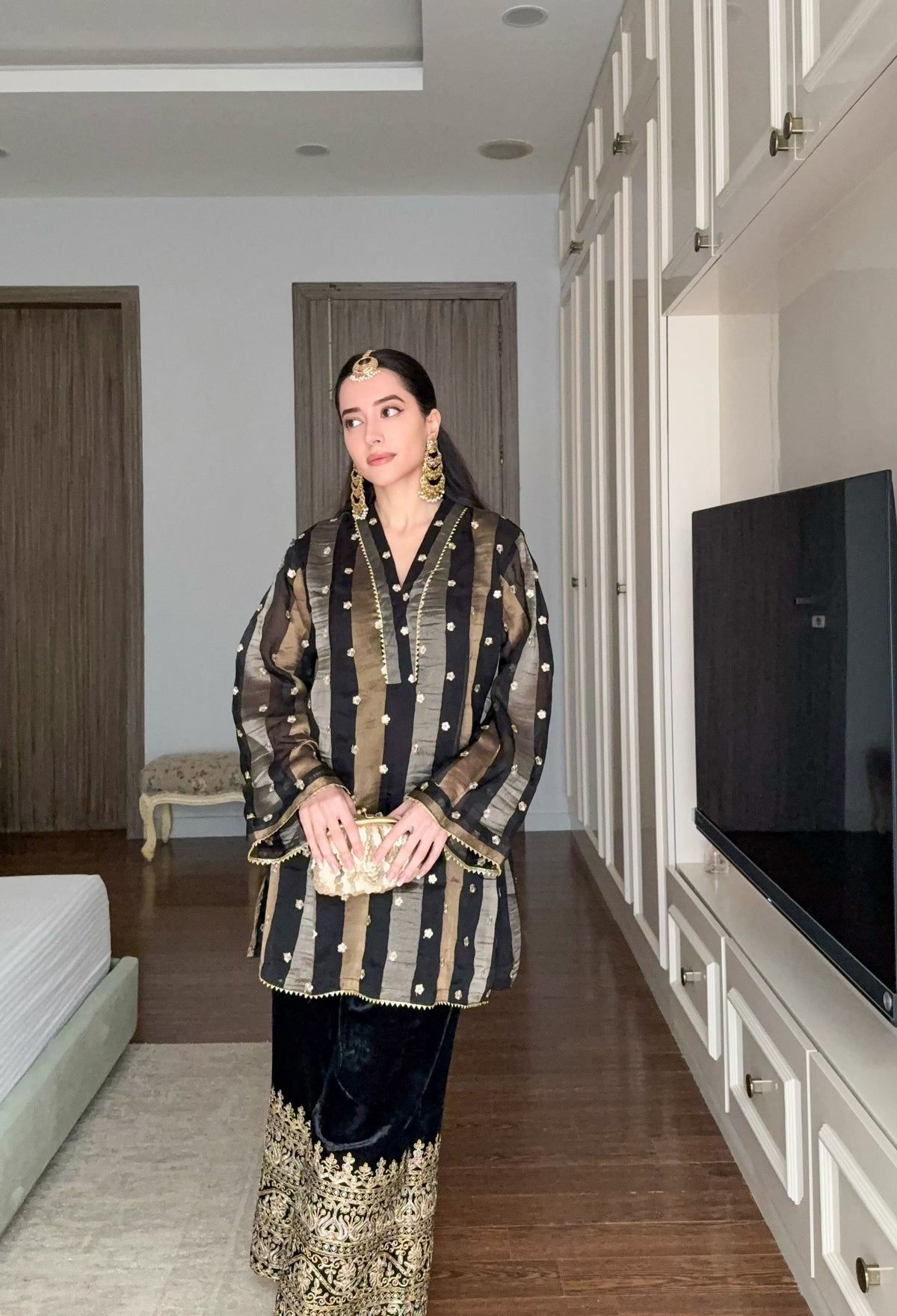 Black Stripes Coord Set with Velvet Pants