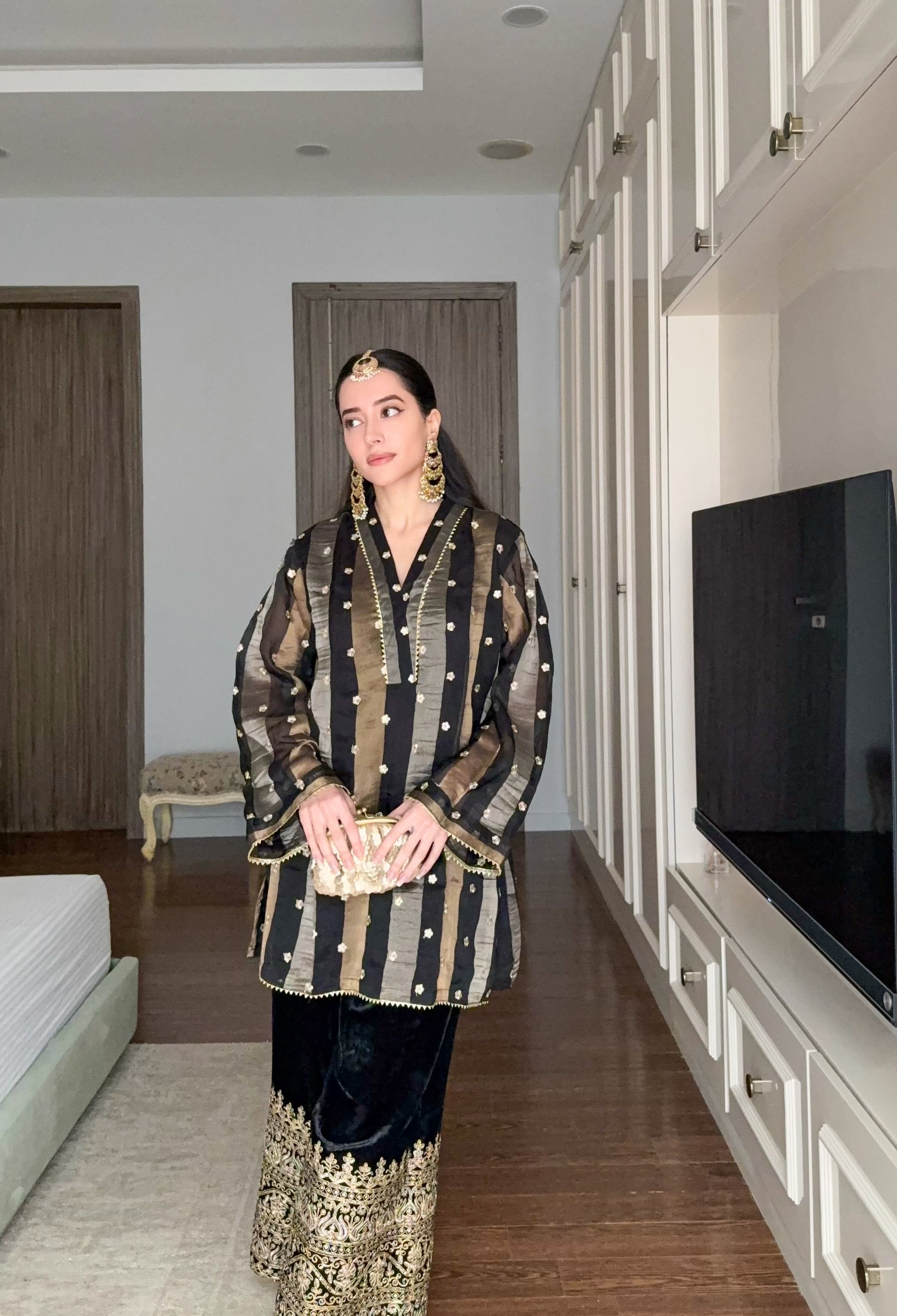 Black Stripes Coord Set with Velvet Pants