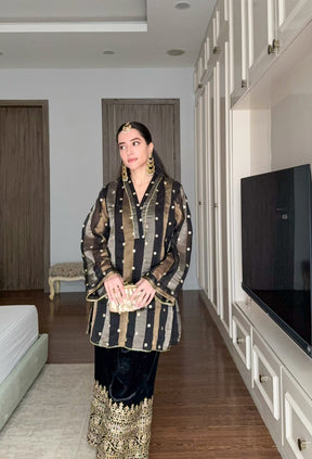 Black Stripes Coord Set with Velvet Pants