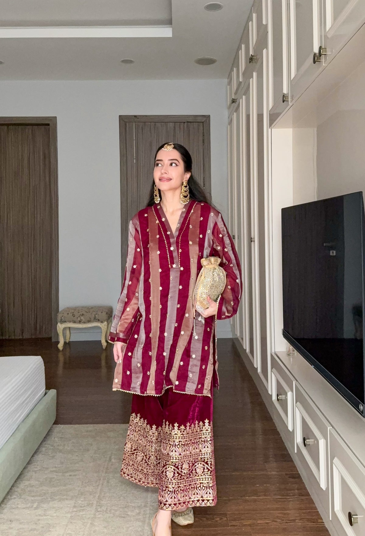 Wine Stripes Kurta with Velvet Pants